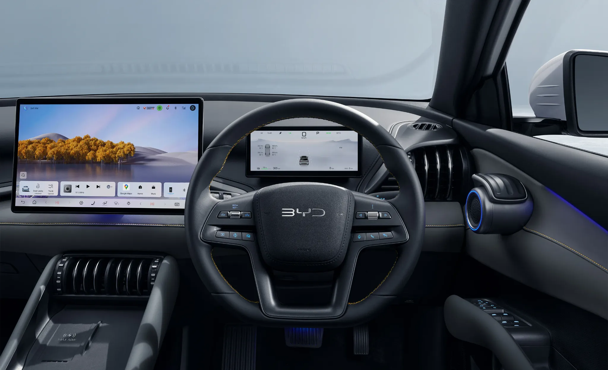 Right-hand-drive Atto 3 Evo dashboard with landscape centre screen