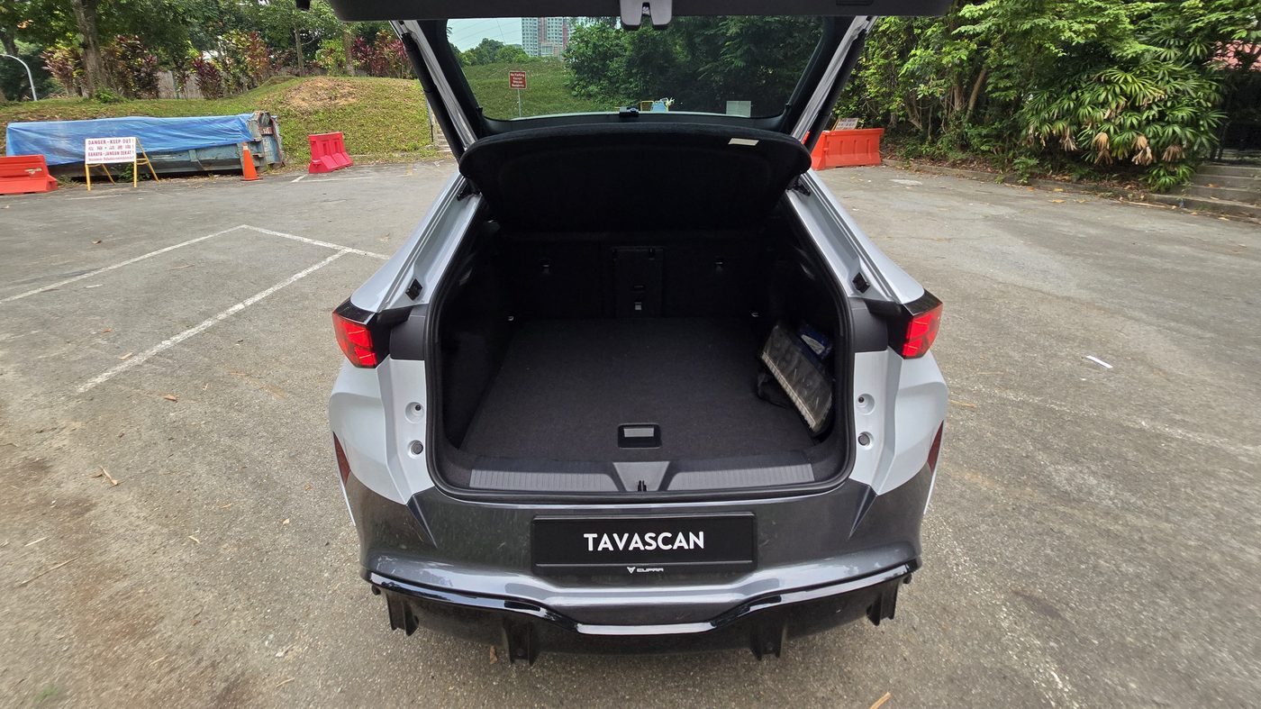 Cupra Tavascan boot with the tailgate open showing the 540 litre load space