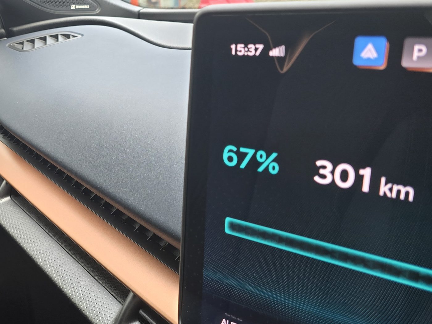 Cupra Tavascan centre screen showing 67 per cent battery and 301 km of range