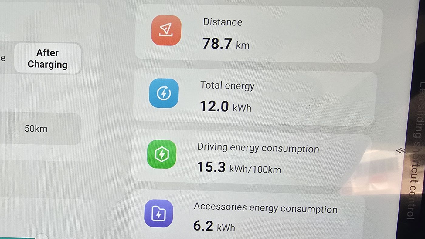 Deepal S07 energy consumption screen showing 78.7 km since charging, 12.0 kWh used and 15.3 kWh per 100 km