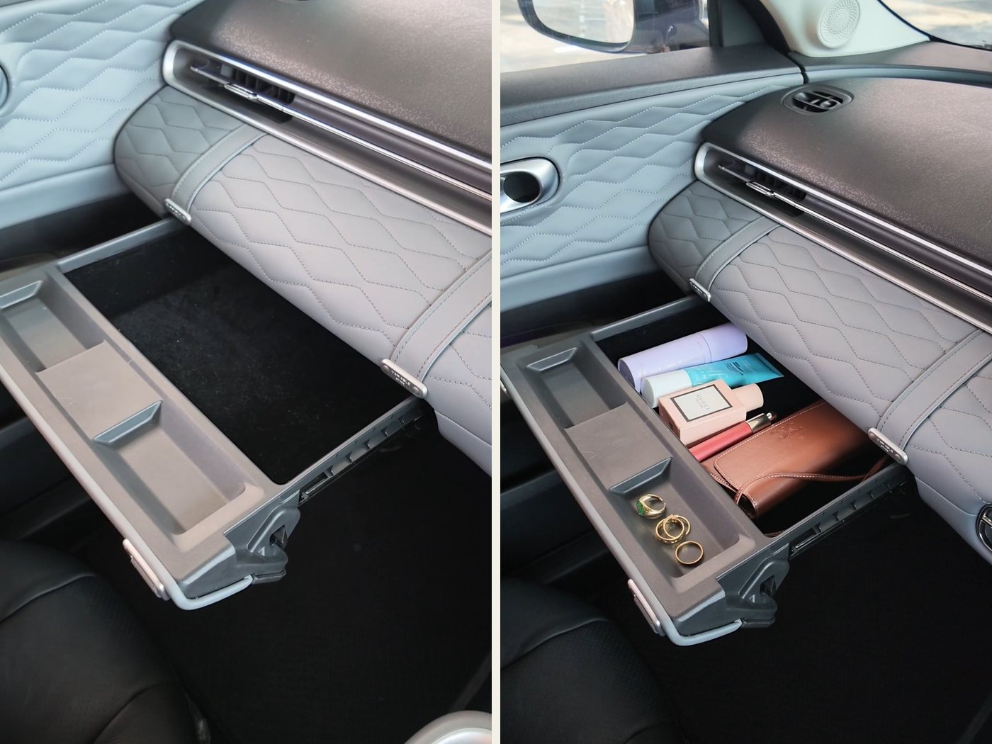 The Dongfeng Box R passenger-side dash drawer, open and empty on the left to show its depth, and loaded with skincare, perfume, a sunglasses pouch and rings on the right
