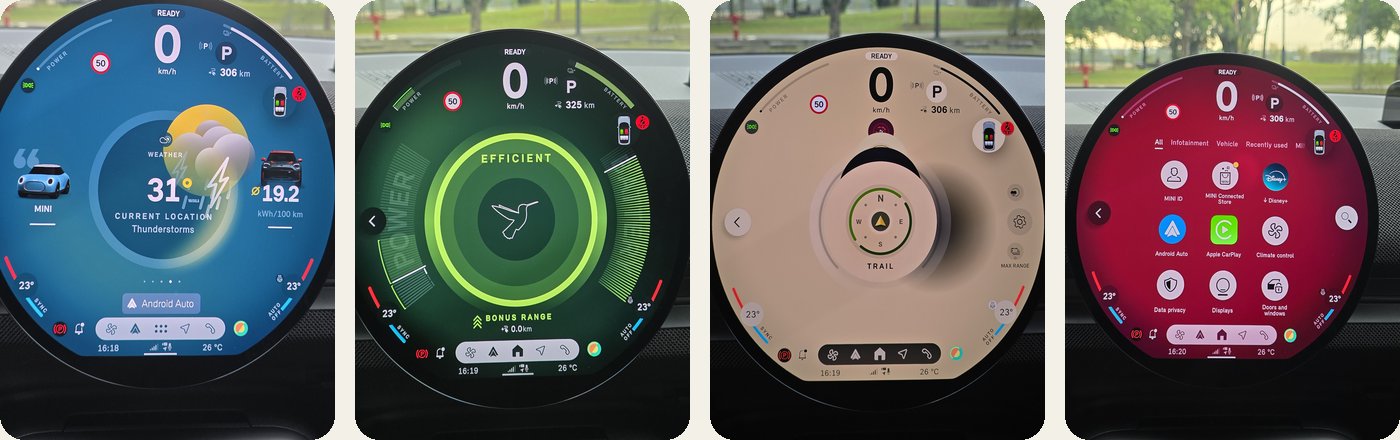 Four MINI JCW Aceman E Experience Modes on the round display, left to right: Core in teal blue, Green with the Efficient ring, Trail with a compass, and Vivid in magenta