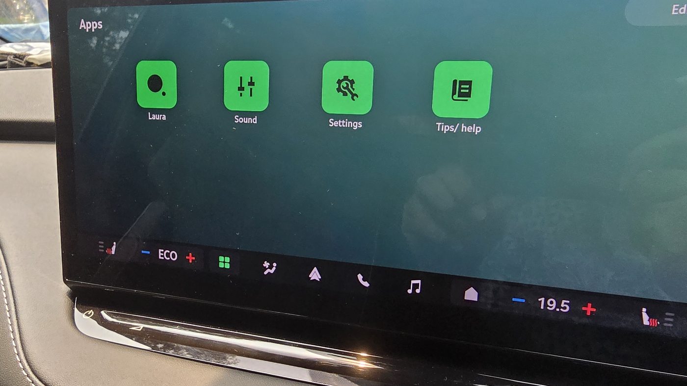 Skoda Enyaq app drawer showing four apps: Laura, Sound, Settings and Tips and help
