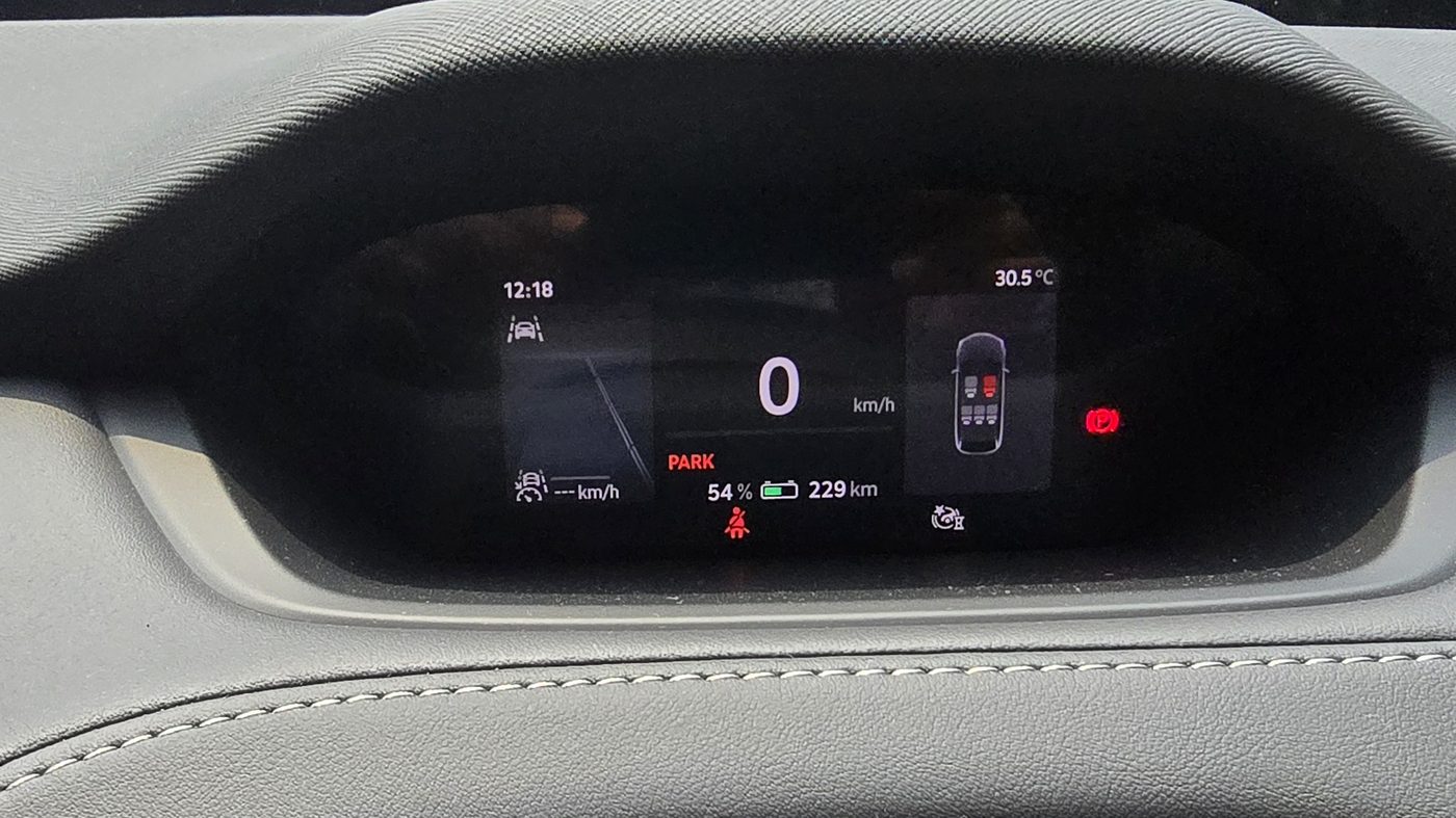 Skoda Enyaq driver display showing 0 km/h, 54 per cent battery and 226 km of range