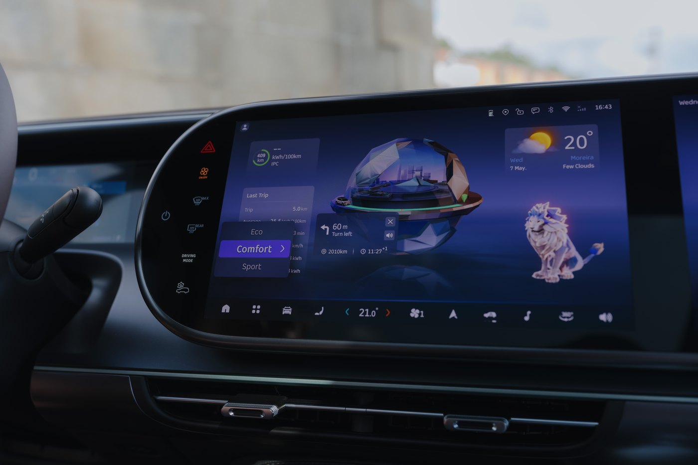 smart #5 central OLED screen showing Leo, the glowing lion AI assistant, alongside the trip and navigation display