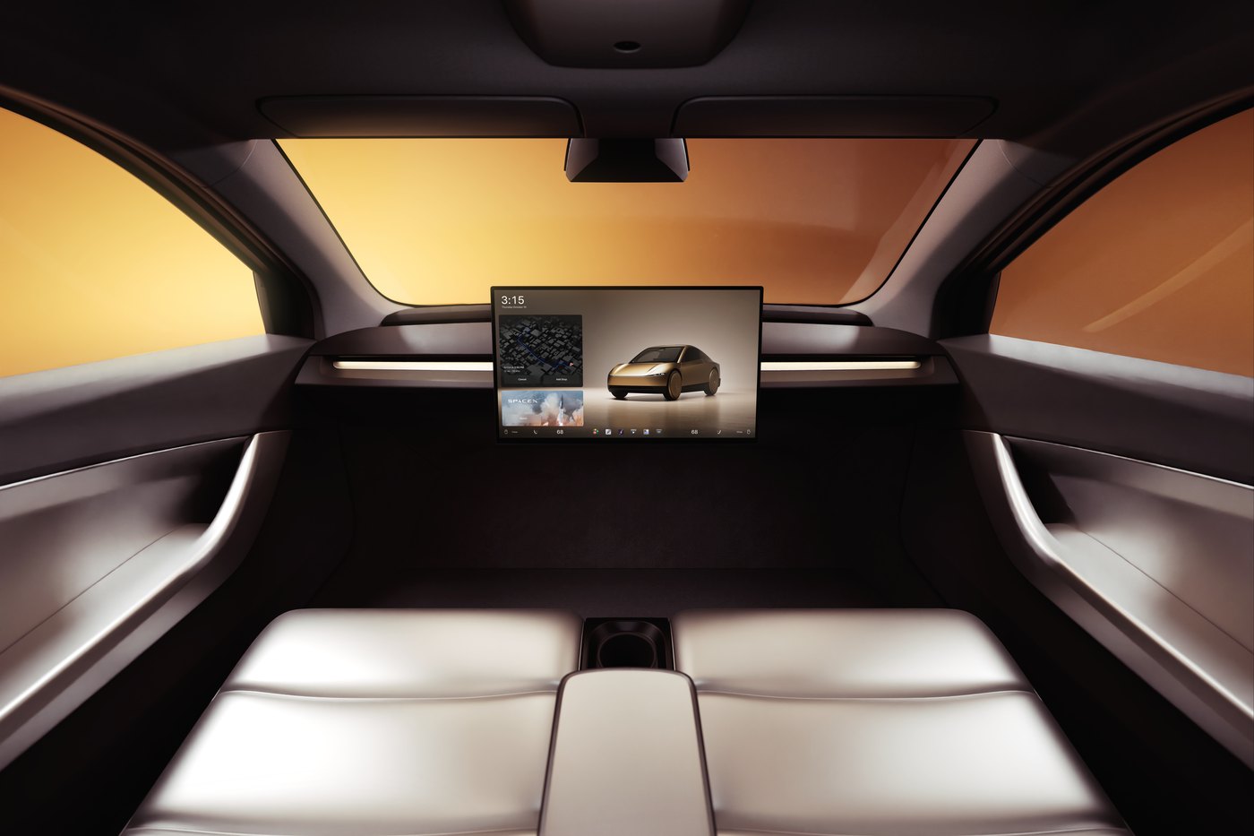 Tesla Cybercab cabin: two-seat bench, centre screen, full-width light bar and no steering wheel or pedals