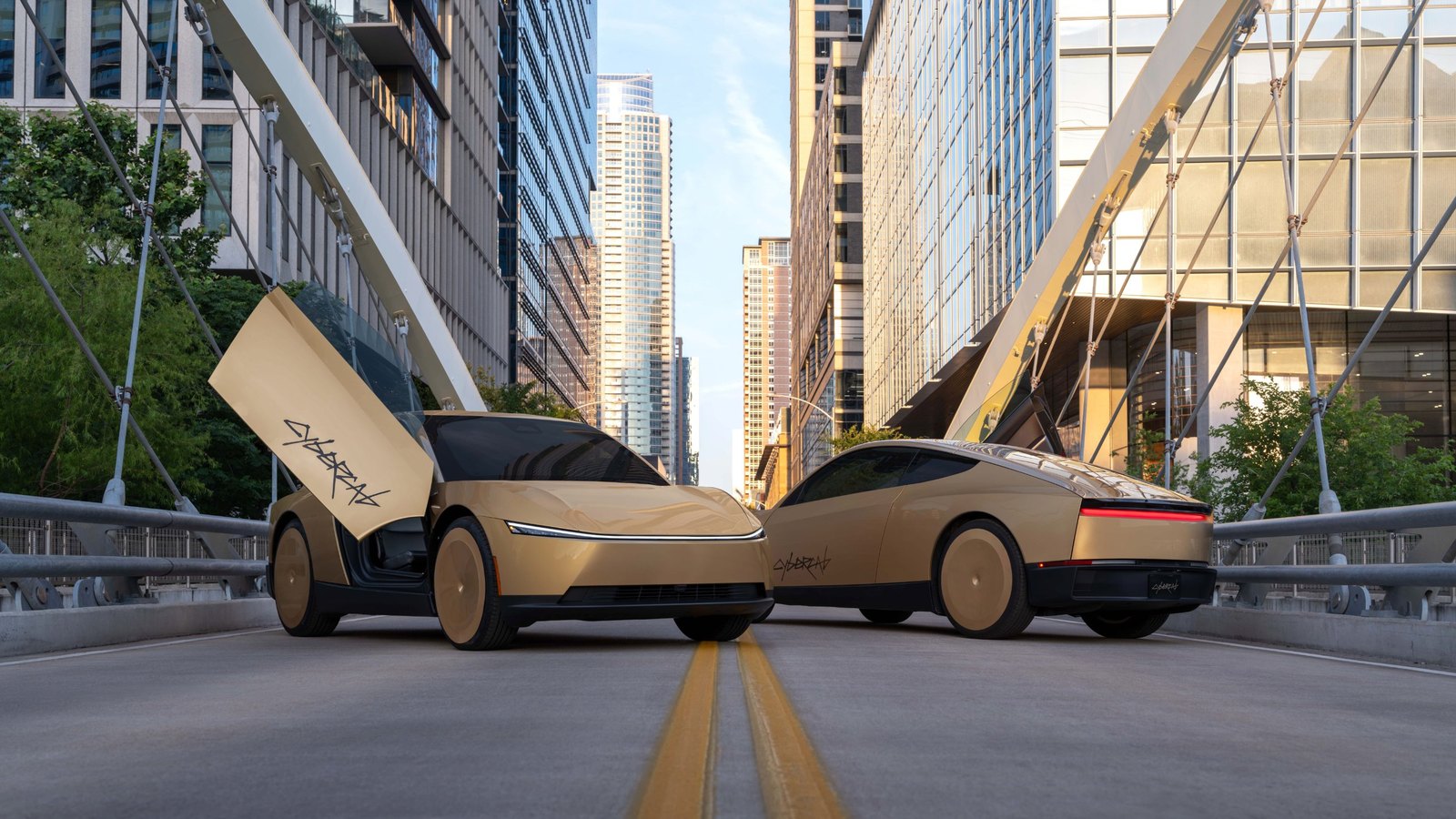 Two gold Tesla Cybercabs nose to tail on a city bridge, one with its butterfly door raised