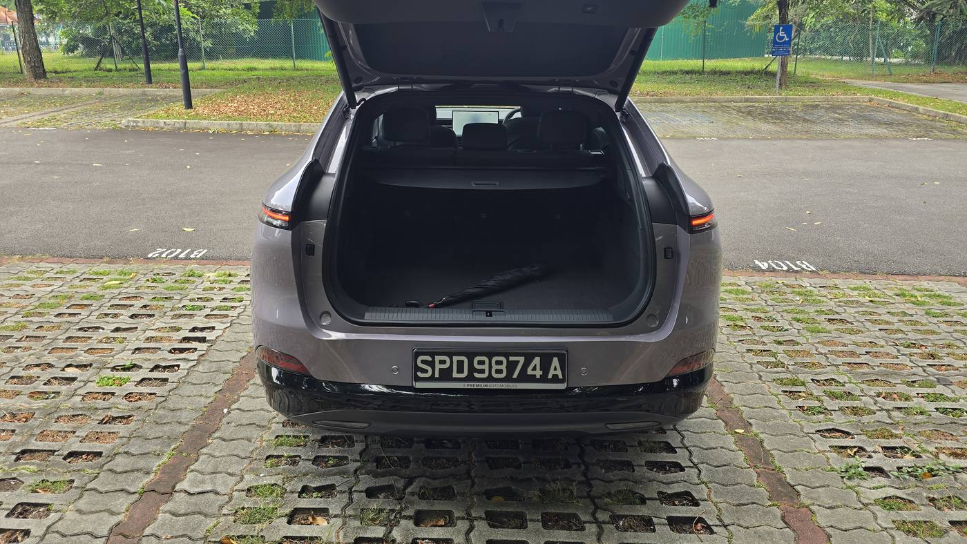 XPENG G6 Air with the electric tailgate open showing the boot