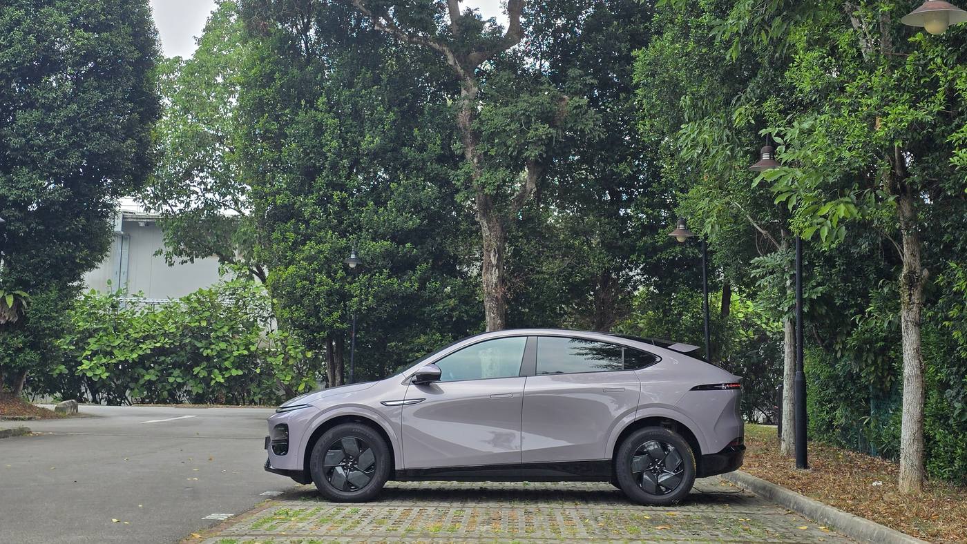 XPENG G6 Air front three-quarter view in a tree-lined carpark