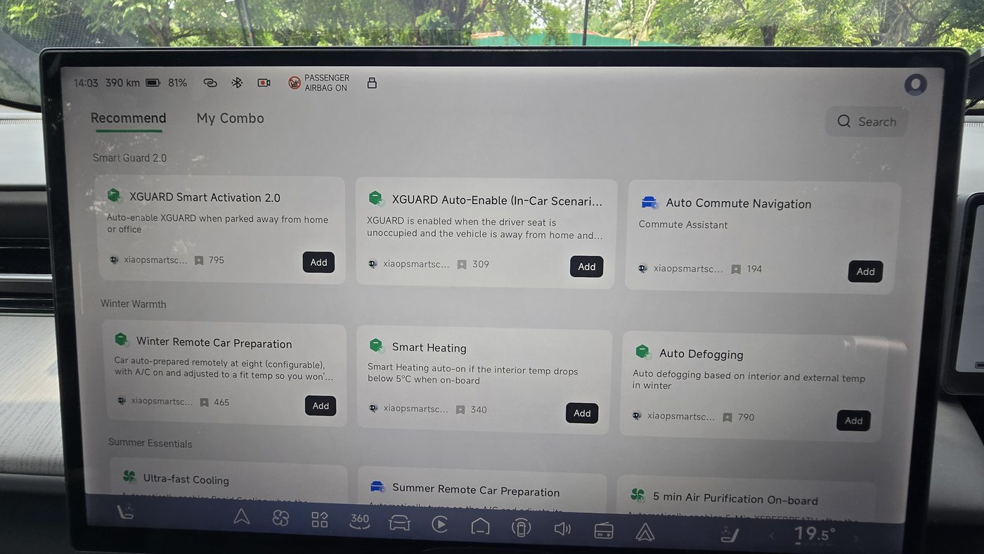 XPENG G6 Air screen showing the XCombo store with XGUARD and climate automations