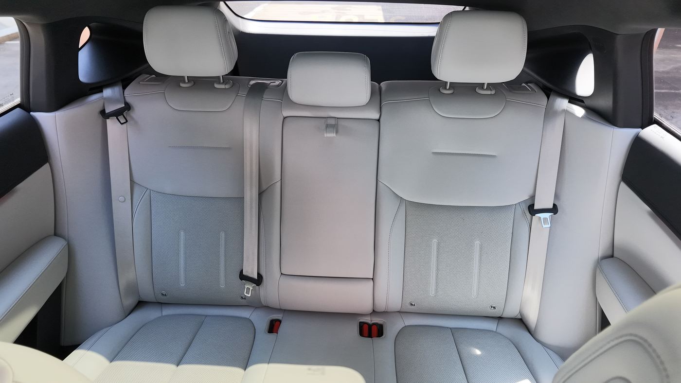 XPENG G6 rear bench in Light Grey Nappa, viewed from the front seats