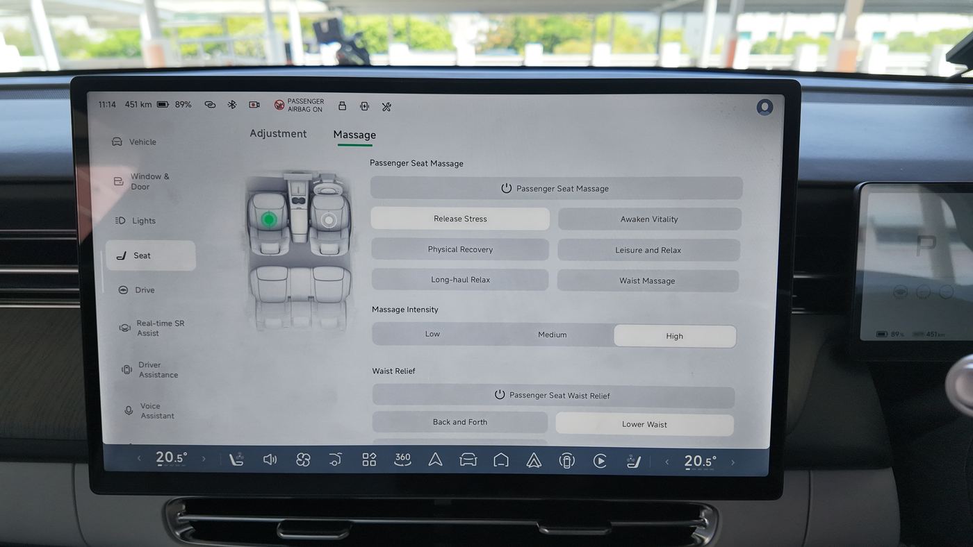 XPENG G6 seat massage menu on the main screen