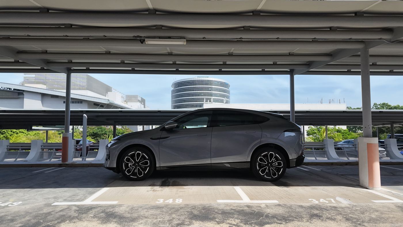 XPENG G6 Performance side profile parked on a carpark deck